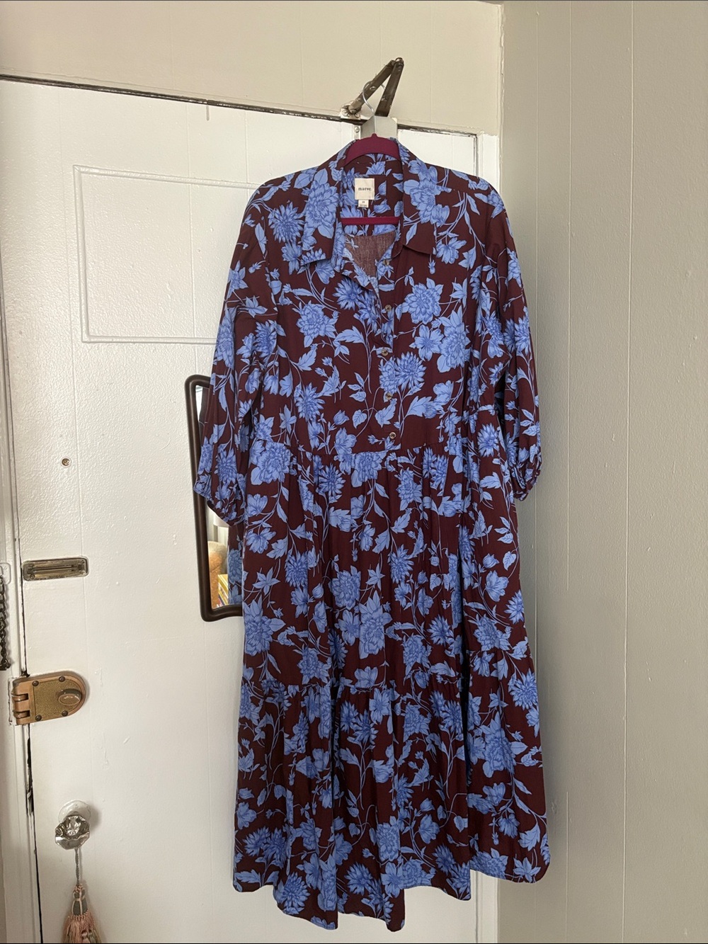 Anthropologie Bettina Floral Button-Front  Dress in Burgundy and Blue